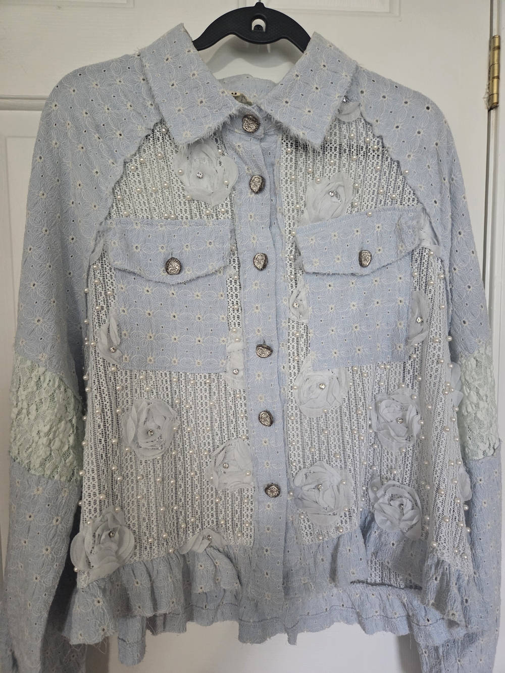 POL Light Blue Embellished Lace Button-Up Jacket